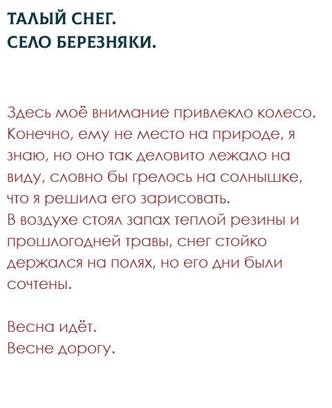 Талый снег.  Село Березняки. Здесь моё внимание привлекло колесо. Конечно, ему не место на природе, я знаю, но оно так деловито лежало на виду, словно бы грелось на солнышке, что я решила его зарисовать. В воздухе стоял запах теплой резины и прошлогодней травы, снег стойко держался на полях, но его дни были сочтены. Весна идёт. Весне дорогу. 