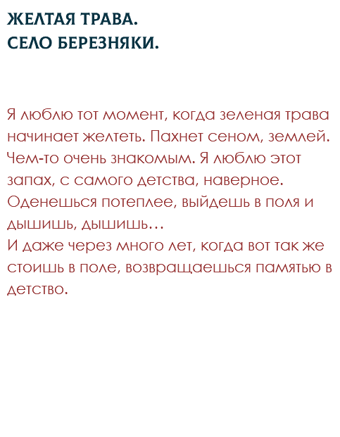 Желтая трава. Село Березняки. Я люблю тот момент, когда зеленая трава начинает желтеть. Пахнет сеном, землей. Чем-то очень знакомым. Я люблю этот запах, с самого детства, наверное. Оденешься потеплее, выйдешь в поля и дышишь, дышишь…  И даже через много лет, когда вот так же стоишь в поле, возвращаешься памятью в детство. 