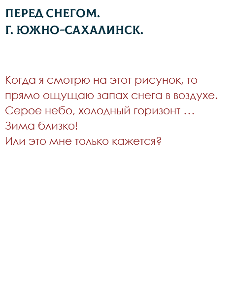 Перед снегом. Г. Южно-Сахалинск. Когда я смотрю на этот рисунок, то прямо ощущаю запах снега в воздухе. Серое небо, холодный горизонт … Зима близко!  Или это мне только кажется? 