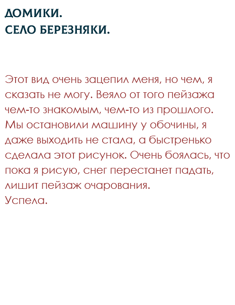 Домики. Село Березняки. Этот вид очень зацепил меня, но чем, я сказать не могу. Веяло от того пейзажа чем-то знакомым, чем-то из прошлого. Мы остановили машину у обочины, я даже выходить не стала, а быстренько сделала этот рисунок. Очень боялась, что пока я рисую, снег перестанет падать, лишит пейзаж очарования. Успела. 